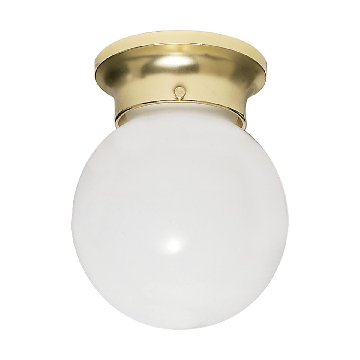 1 Light - 6" Flush with White Glass - Polished Brass Finish - Satco SF77-108