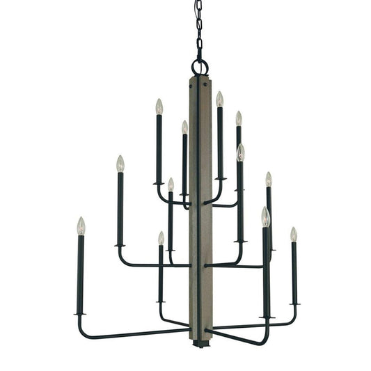 12-Light Matte Black With Grey Oak Accents Loft Foyer Chandelier - 5412 Mblack by Framburg