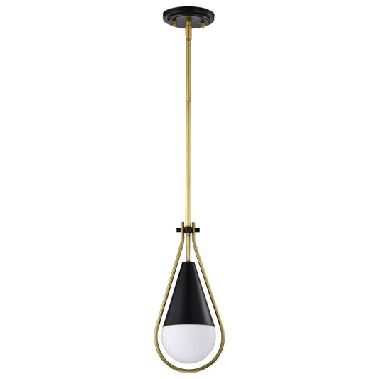 Admiral 1 Light Pendant - 10 Inches - Matte Black and Natural Brass Finish - White Opal Glass - Satco 60-7903