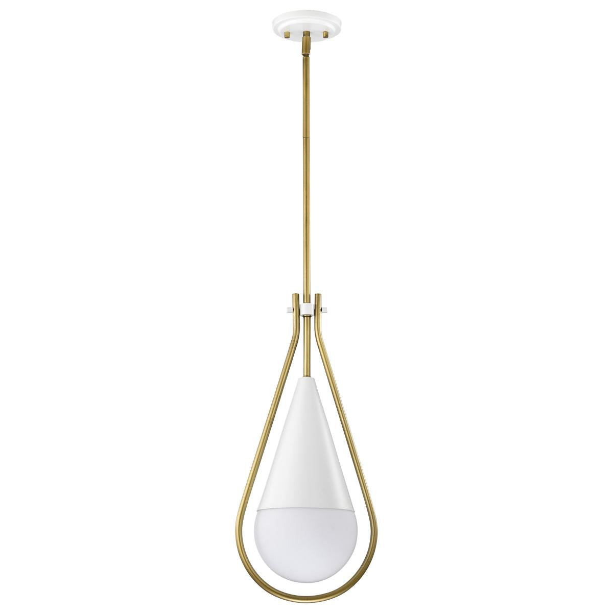 Admiral 1 Light Pendant - 10 Inches - Matte White and Natural Brass Finish - White Opal Glass - Satco 60-7923