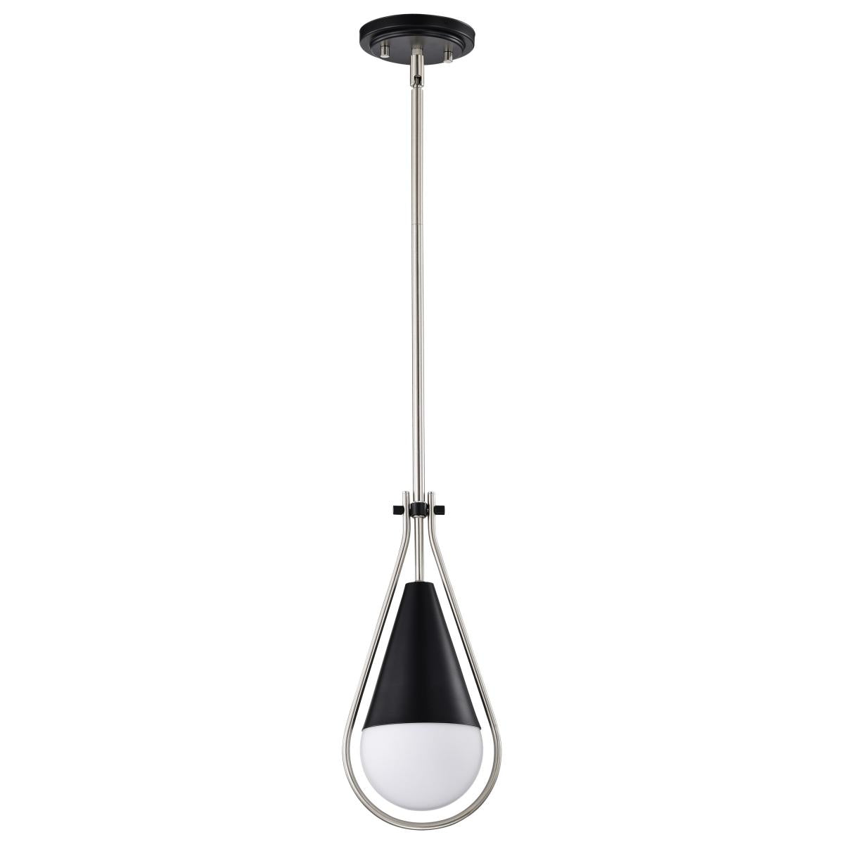 Admiral 1 Light Pendant - 6 Inches - Matte Black and Brushed Nickel Finish - White Opal Glass - Satco 60-7912