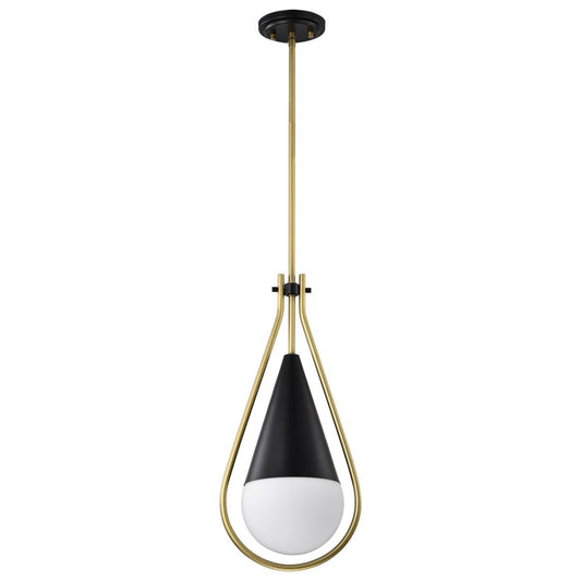 Admiral 1 Light Pendant - 6 Inches - Matte Black and Natural Brass Finish - White Opal Glass - Satco 60-7902