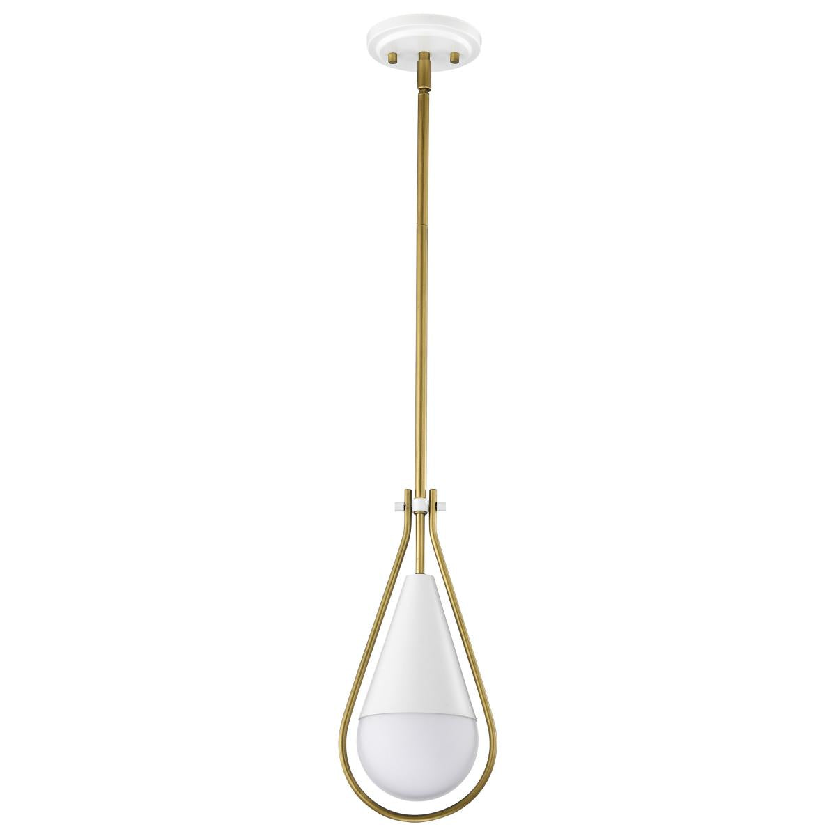Admiral 1 Light Pendant - 6 Inches - Matte White and Natural Brass Finish - White Opal Glass - Satco 60-7922