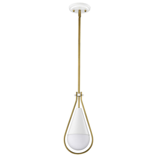 Admiral 1 Light Pendant - 6 Inches - Matte White and Natural Brass Finish - White Opal Glass - Satco 60-7922
