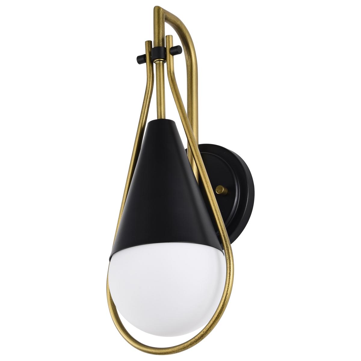 Admiral 1 Light Wall Sconce - Matte Black and Natural Brass Finish - White Opal Glass - Satco 60-7901