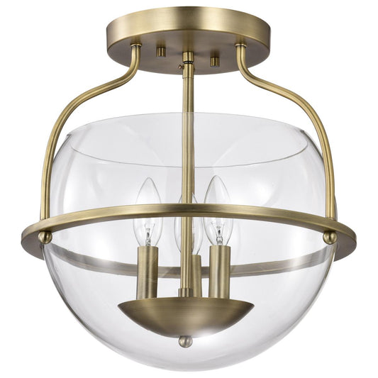 Amado 3 Light Semi Flush Mount - Vintage Brass Finish - Clear Glass - Satco 60-7821