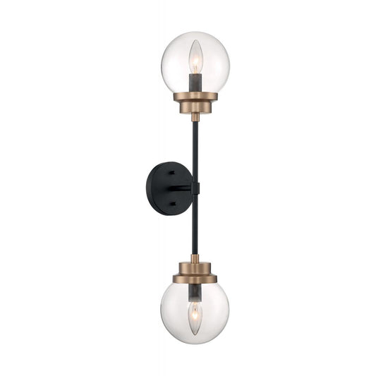 Axis - 2 Light Sconce with Clear Glass - Matte Black and Brass Accents Finish - Satco 60-7122
