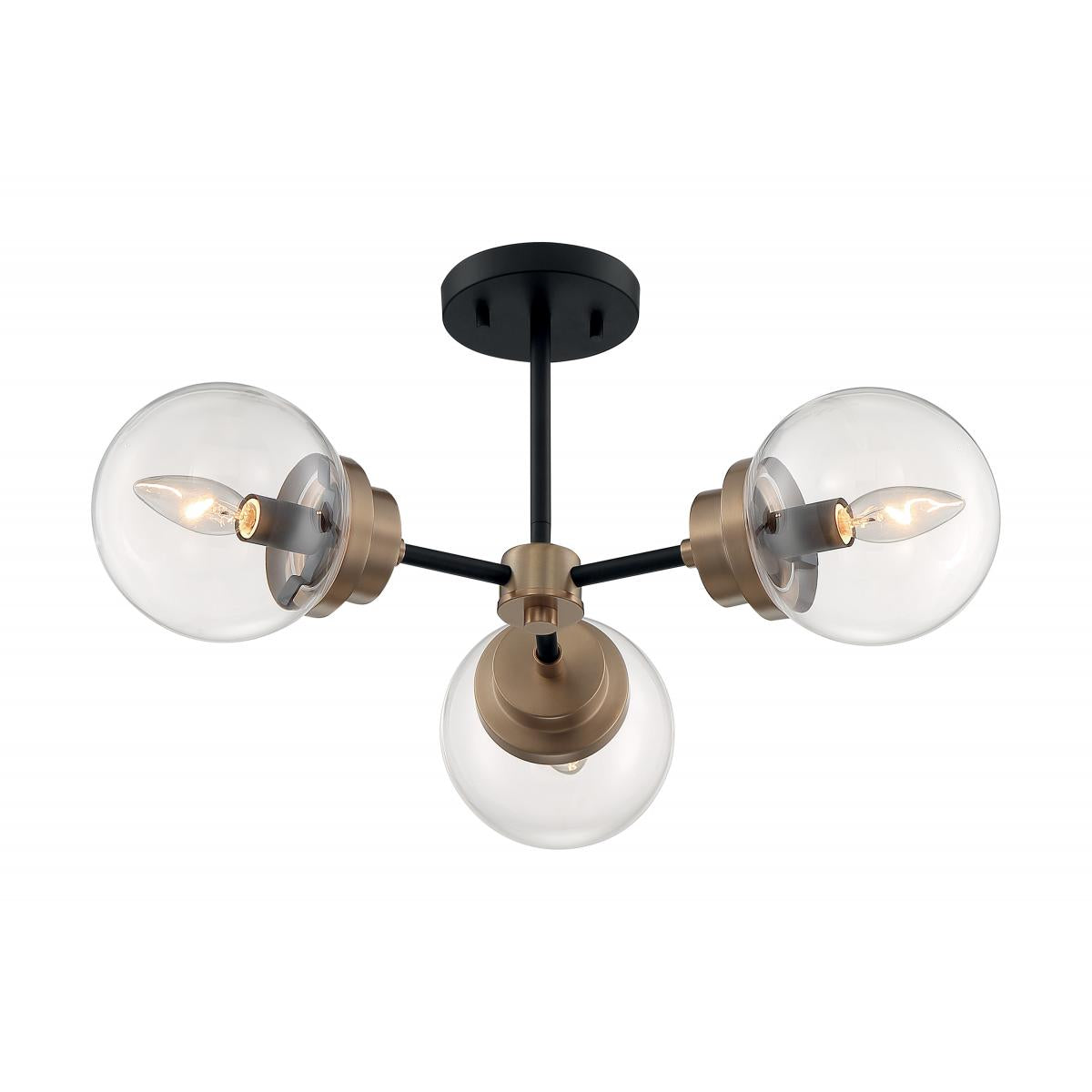 Axis - 3 Light Semi-Flush with Clear Glass - Matte Black and Brass Accents Finish - Satco 60-7123
