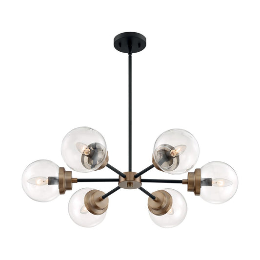 Axis - 6 Light Chandelier with Clear Glass - Matte Black and Brass Finish - Satco 60-7126