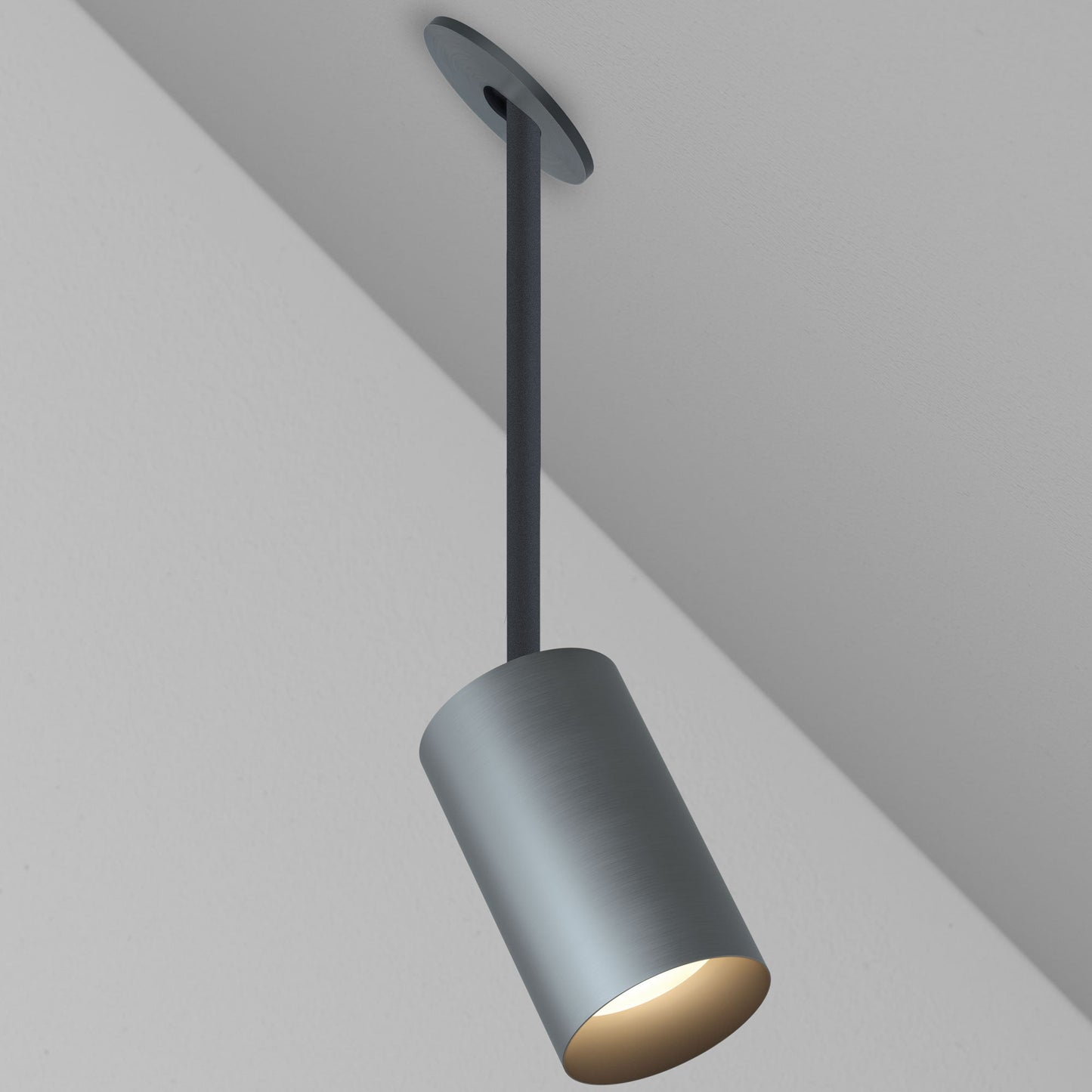 CM1 Cylinder Hang Straight Adjustable Ceiling Light - New Construction - Brushed Aged Aluminum/Black Baffle - 15 Degrees - 3000K by Lucifer Lighting