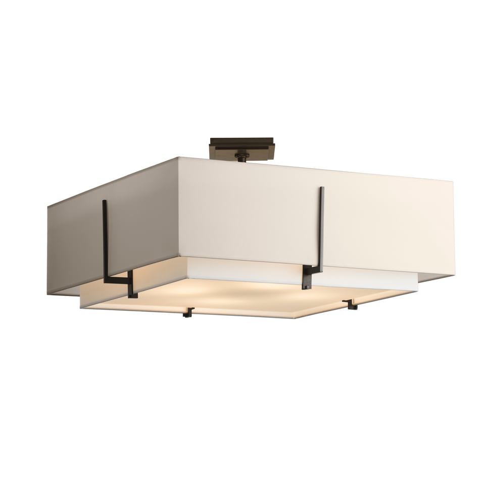 Exos Square Large Double Shade Semi-Flush - Oil Rubbed Bronze - Natural Anna/Flax Shade by Hubbardton Forge