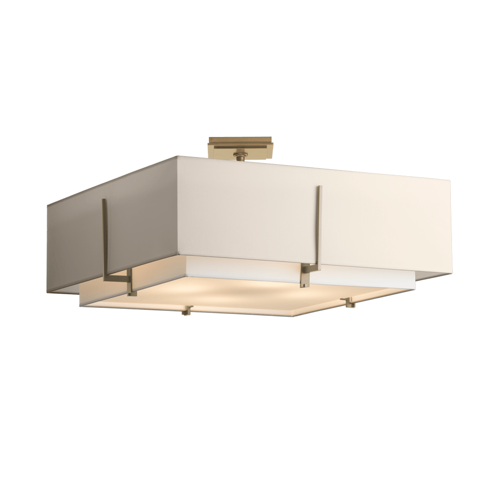 Exos Square Large Double Shade Semi-Flush - Soft Gold - Natural Anna/Flax Shade by Hubbardton Forge
