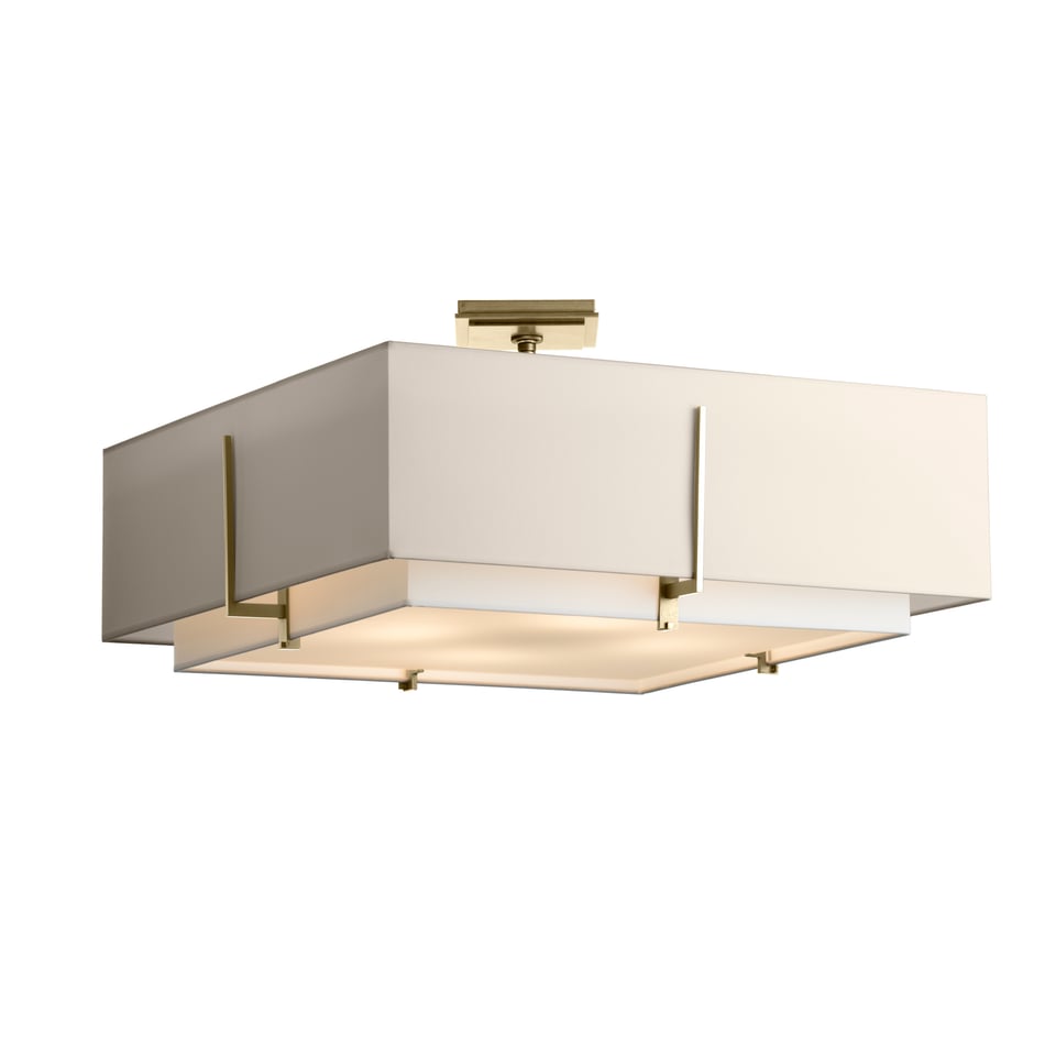 Exos Square Large Double Shade Semi-Flush - Sterling - Natural Anna/Flax Shade by Hubbardton Forge