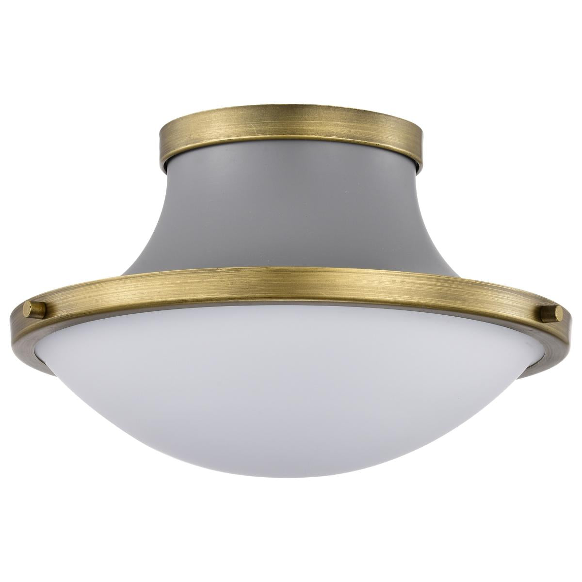 Lafayette 1 Light Flush Mount Fixture - 14 Inches - Gray Finish with Natural Brass Accents and White Opal Glass - Satco 60-7915