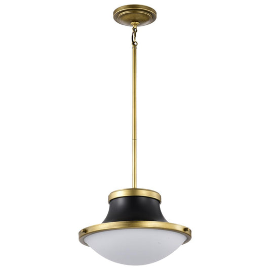 Lafayette 1 Light Pendant - 14 Inches - Matte Black Finish with Natural Brass Accents and White Opal Glass - Satco 60-7907
