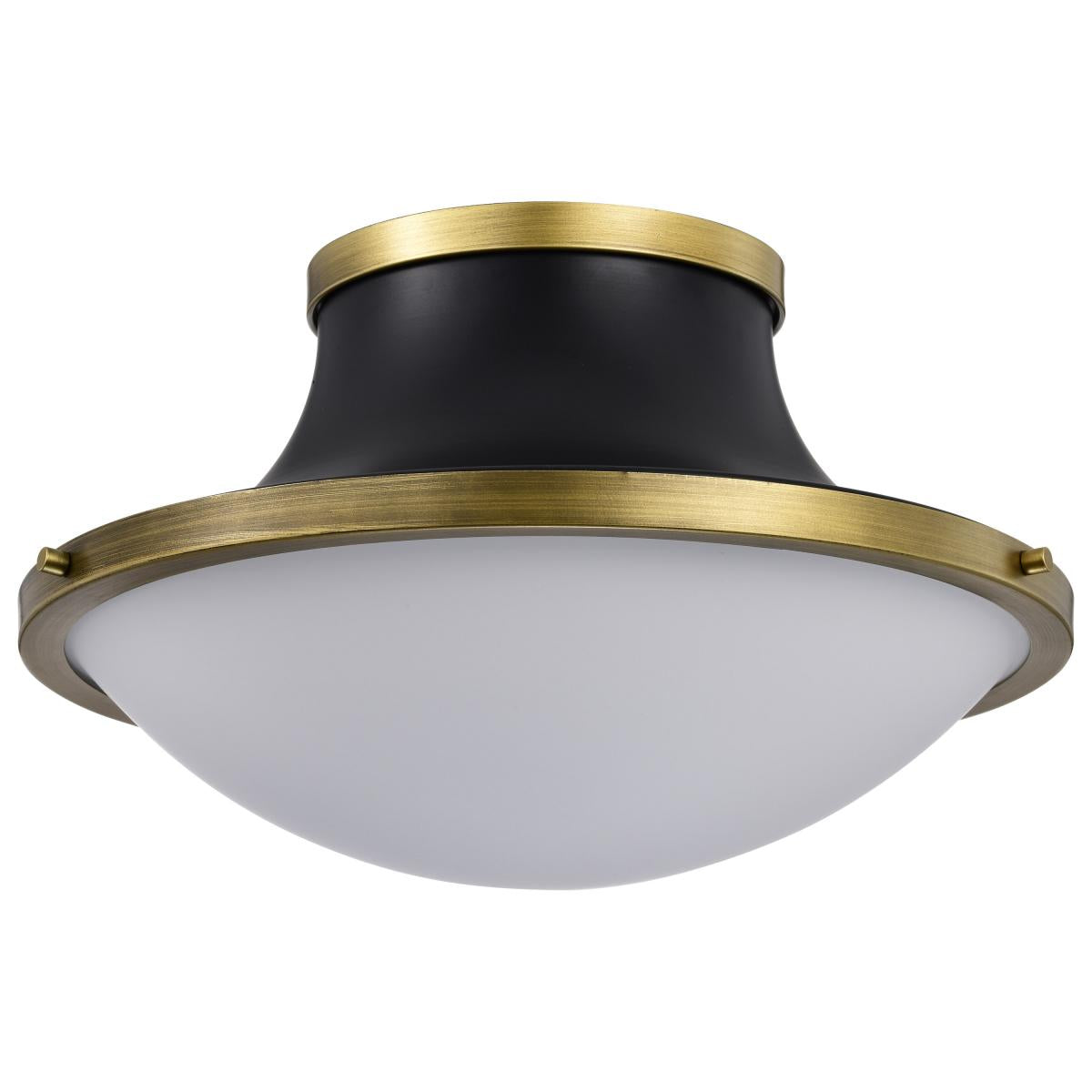 Lafayette 3 Light Flush Mount Fixture - 18 Inches - Matte Black Finish with Natural Brass Accents and White Opal Glass - Satco 60-7906