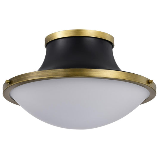 Lafayette 3 Light Flush Mount Fixture - 18 Inches - Matte Black Finish with Natural Brass Accents and White Opal Glass - Satco 60-7906