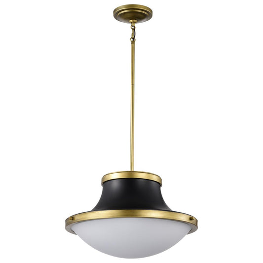 Lafayette 3 Light Pendant - 18 Inches - Matte Black Finish with Natural Brass Accents and White Opal Glass - Satco 60-7908