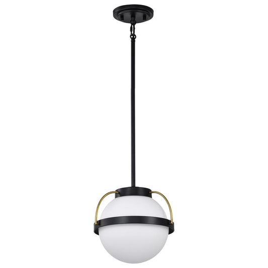 Lakeshore 1 Light Small Pendant - Matte Black & Natural Brass Finish - White Opal Glass - Satco 60-7773