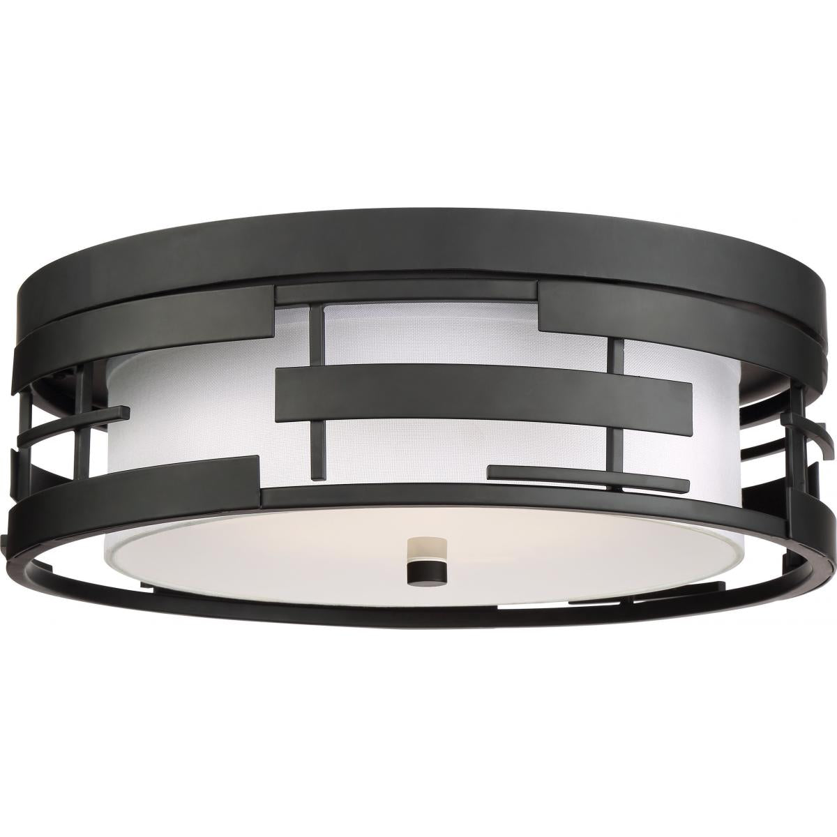 Lansing - 3 Light Flush with White Fabric Shade & Opal Diffuser - Midnight Bronze Finish - Satco 60-6434