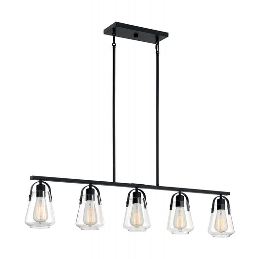 Skybridge - 5 Light Island Pendant with Clear Glass - Matte Black Finish - Satco 60-7104