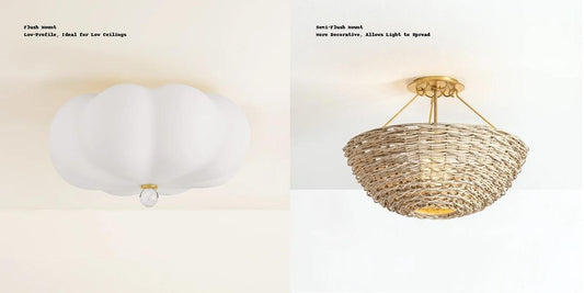 Side-by-side comparison of a flush mount ceiling light and a semi-flush mount fixture in a modern home interior.