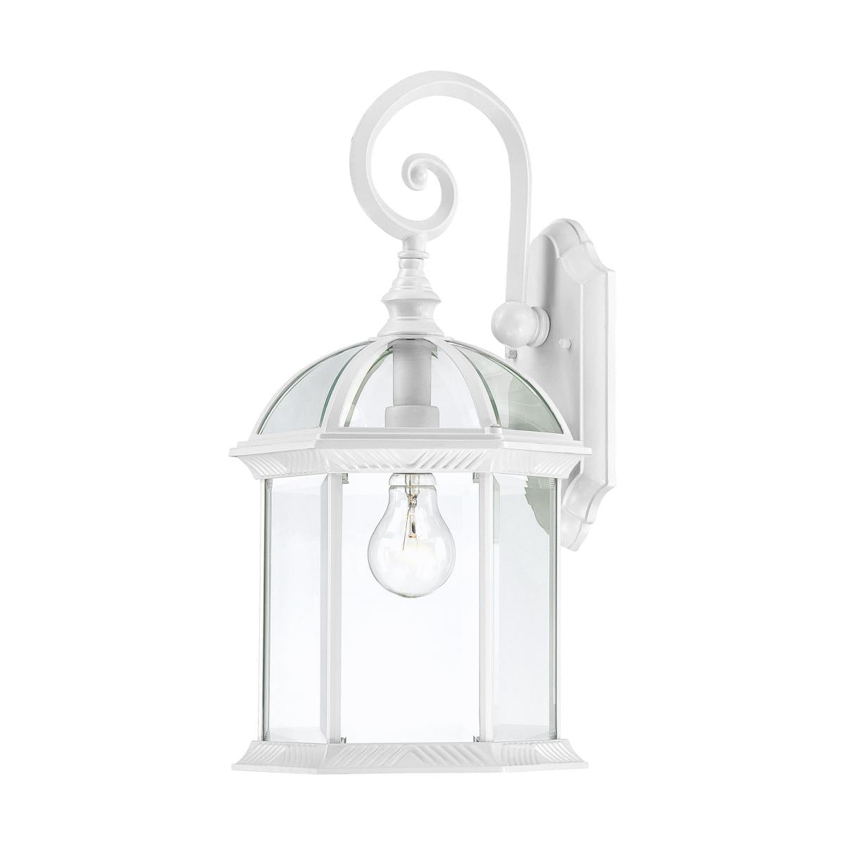 White outdoor wall lights collection featuring matte and enamel finishes with clear, opal, or seeded glass, cutoff hoods, and wet-rated housings for bright, low-visual-weight entries and garages