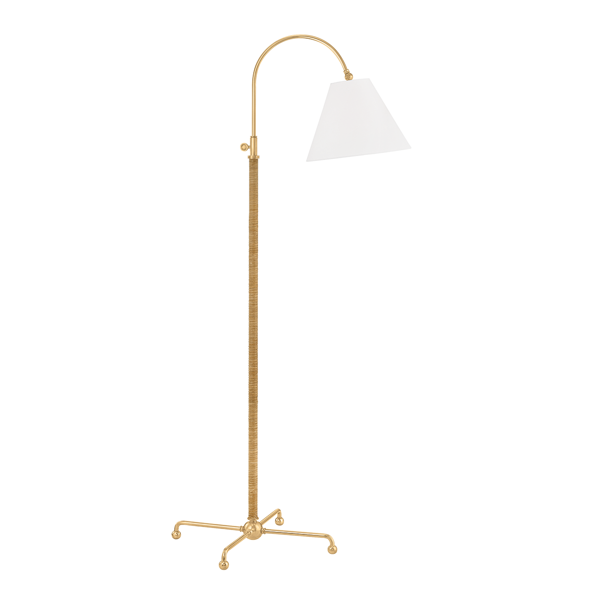 Brass and gold floor lamps collection featuring brushed brass stems with fabric shades and three-way sockets for warm ambient light