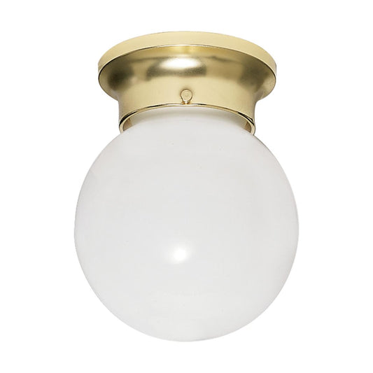 1 Light - 6" Flush with White Glass - Polished Brass Finish - Satco SF77-108
