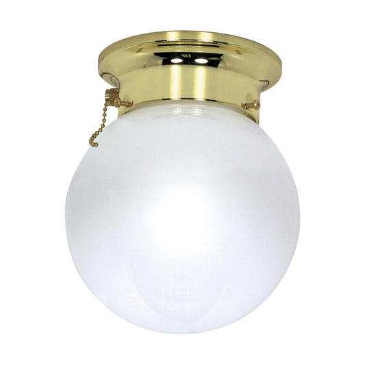 1 Light - 8" Flush with White Glass and Pull Chain Switch - Polished Brass Finish - Satco 60-295