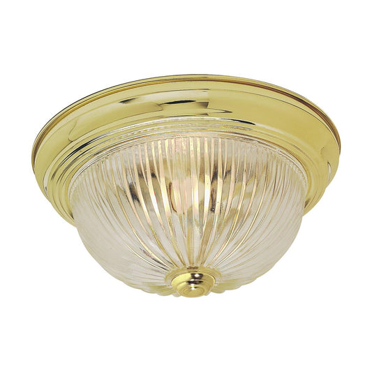 2 Light - 11" Flush with Clear Ribbed Glass - Polished Brass Finish - Satco SF76-091