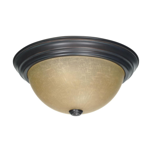 2 Light - 13" Flush with Champagne Linen Washed Glass - Mahogany Bronze Finish
