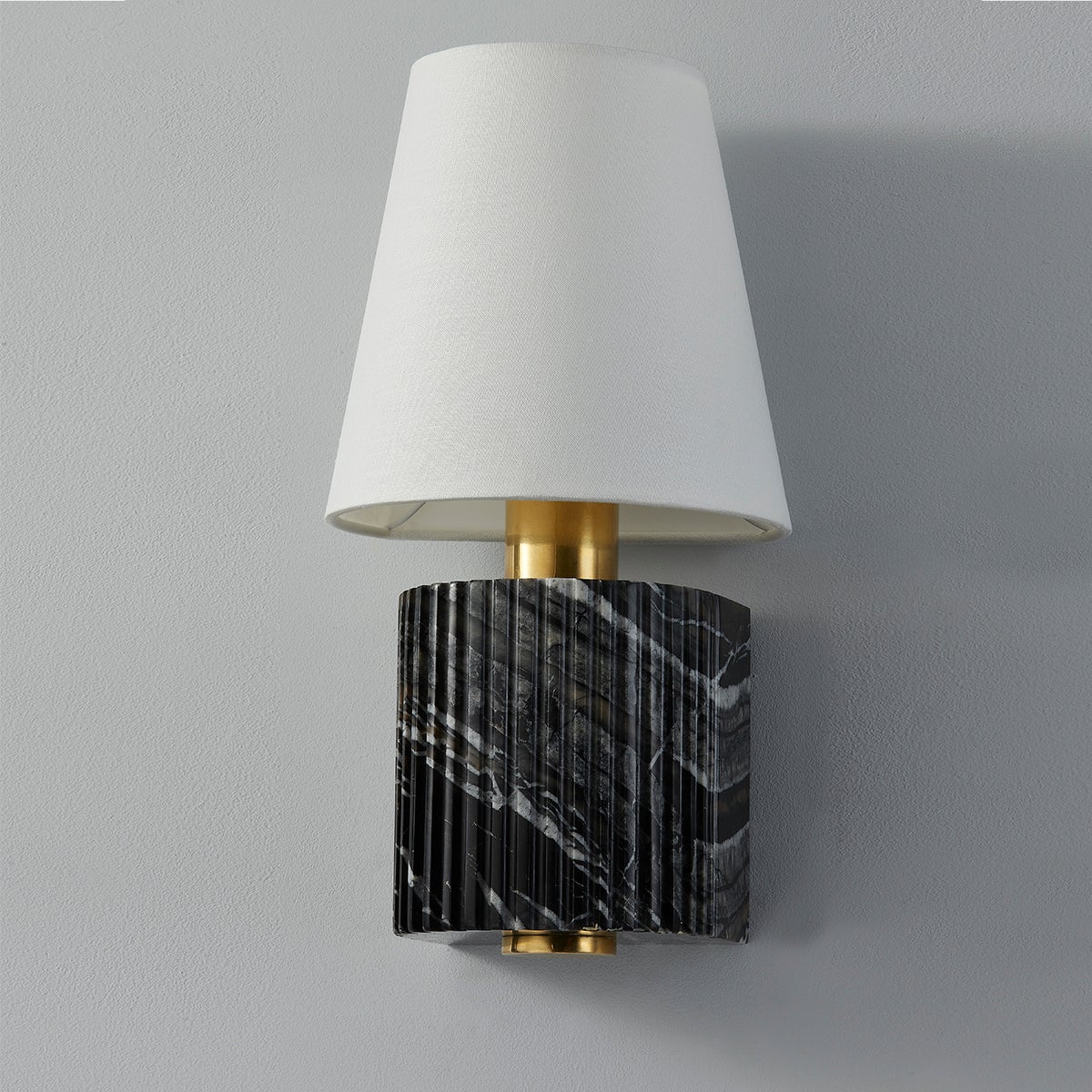 Aden Sconce 15.5" Modern Wall Light by Corbett Lighting with Aged Brass Finish and Dimmable Linen Shade