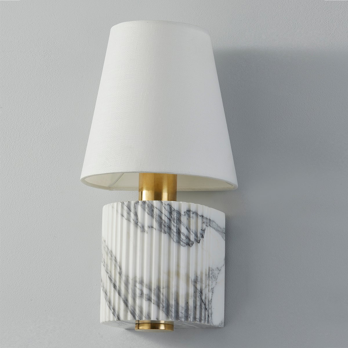 Aden Sconce 15.5" Modern Wall Light by Corbett Lighting with Aged Brass Finish and Dimmable Linen Shade