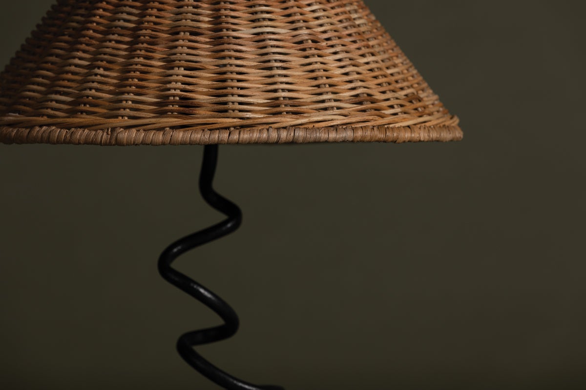 Alaric Table Lamp By Troy Lighting, Forged Iron Stem, Natural Rattan Shade, Dimmable, 120V