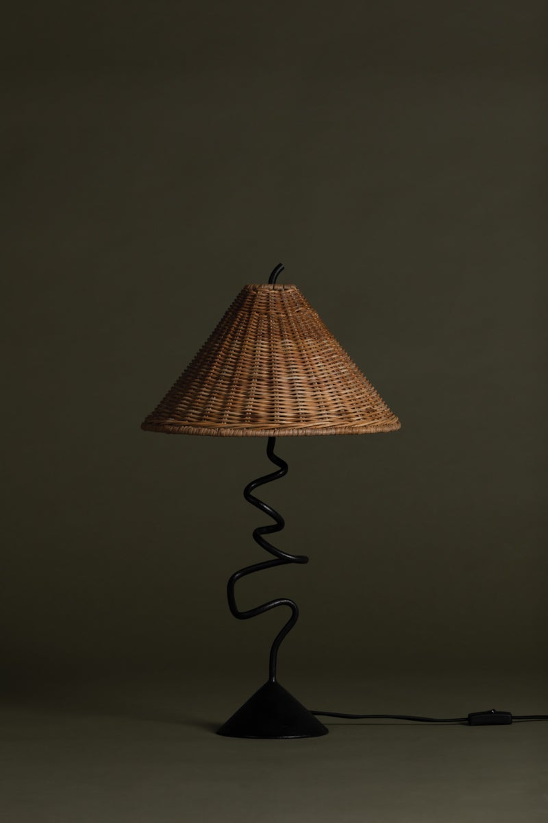 Alaric Table Lamp By Troy Lighting, Forged Iron Stem, Natural Rattan Shade, Dimmable, 120V