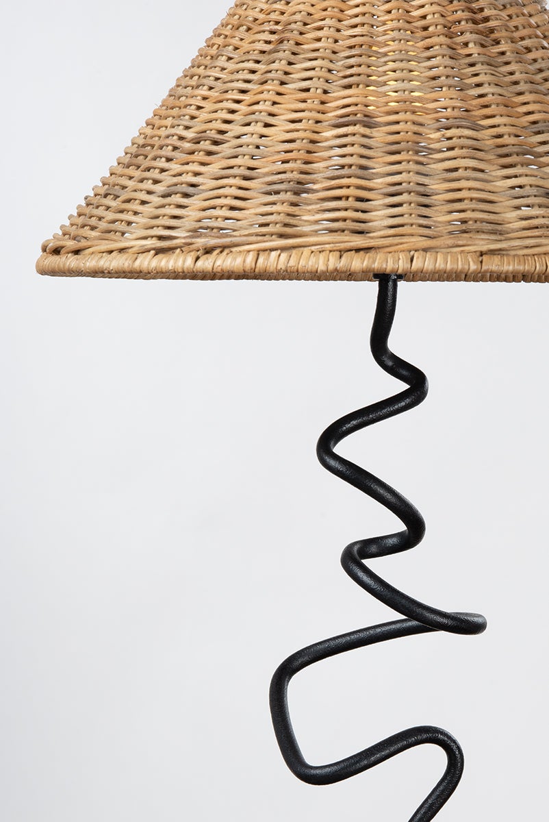 Alaric Table Lamp By Troy Lighting, Forged Iron Stem, Natural Rattan Shade, Dimmable, 120V