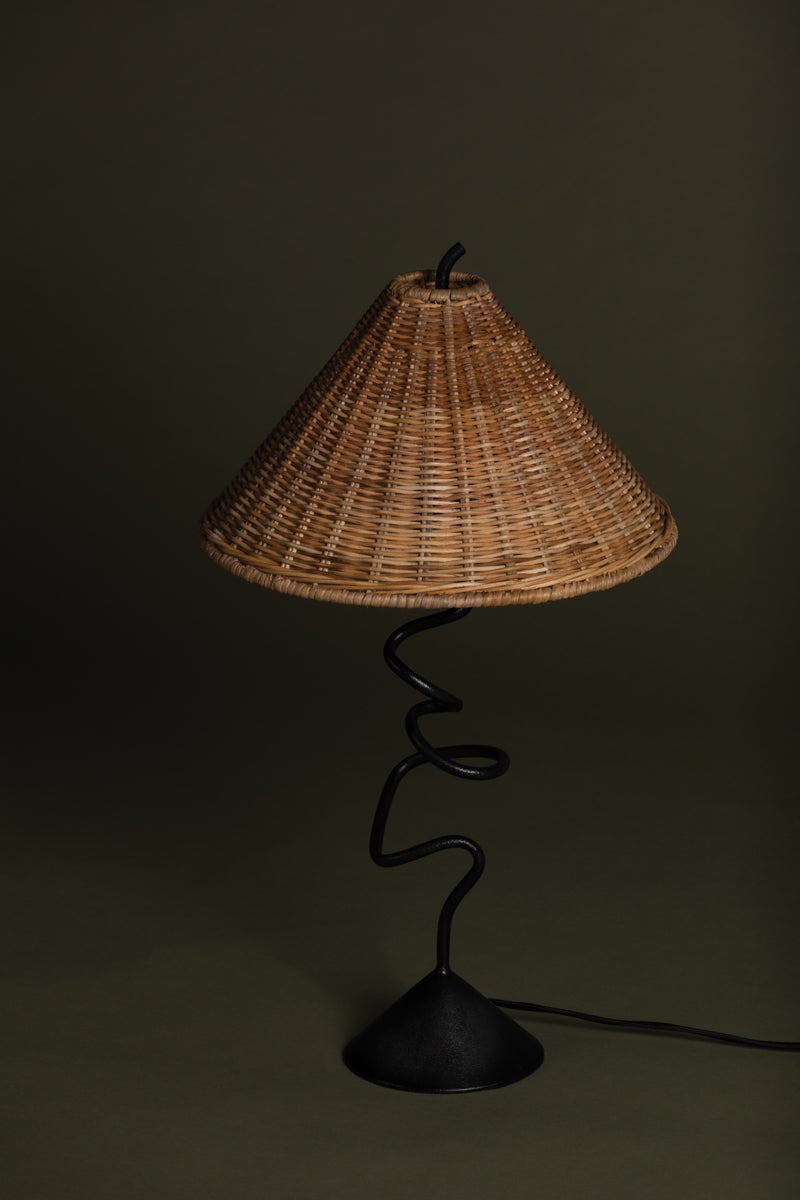 Alaric Table Lamp By Troy Lighting, Forged Iron Stem, Natural Rattan Shade, Dimmable, 120V