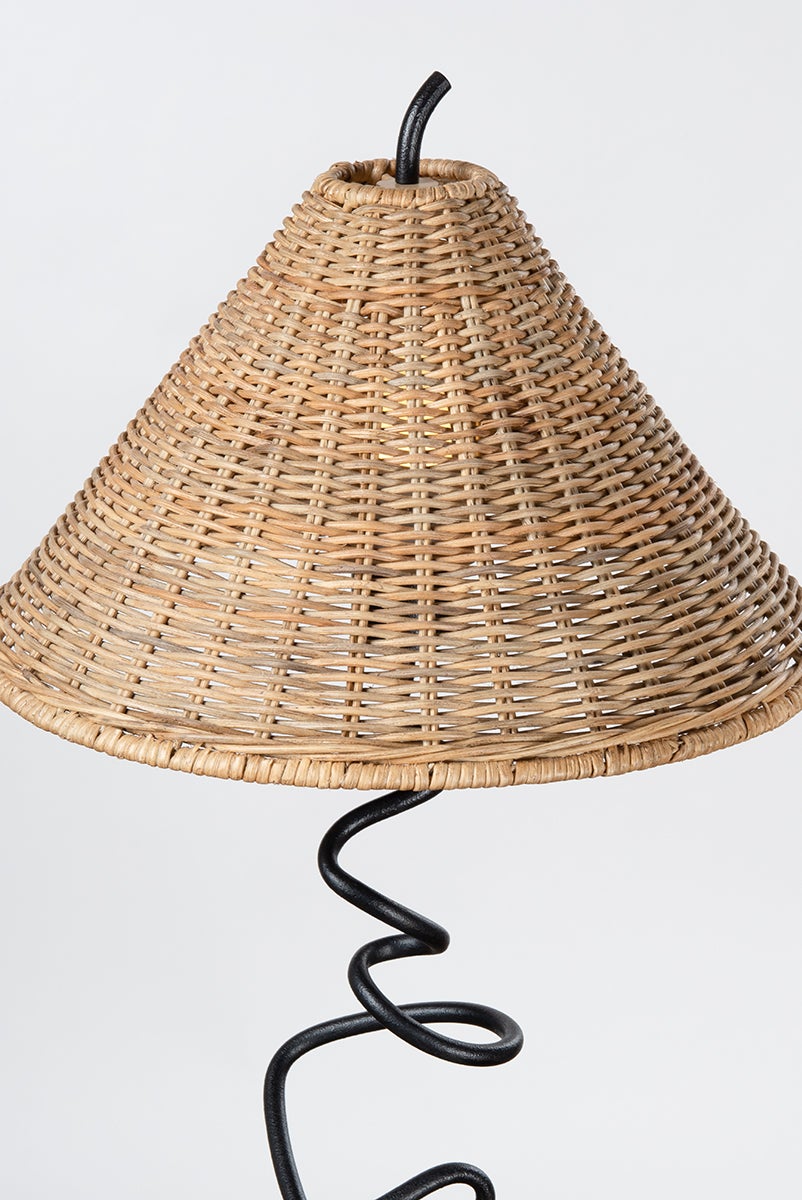 Alaric Table Lamp By Troy Lighting, Forged Iron Stem, Natural Rattan Shade, Dimmable, 120V