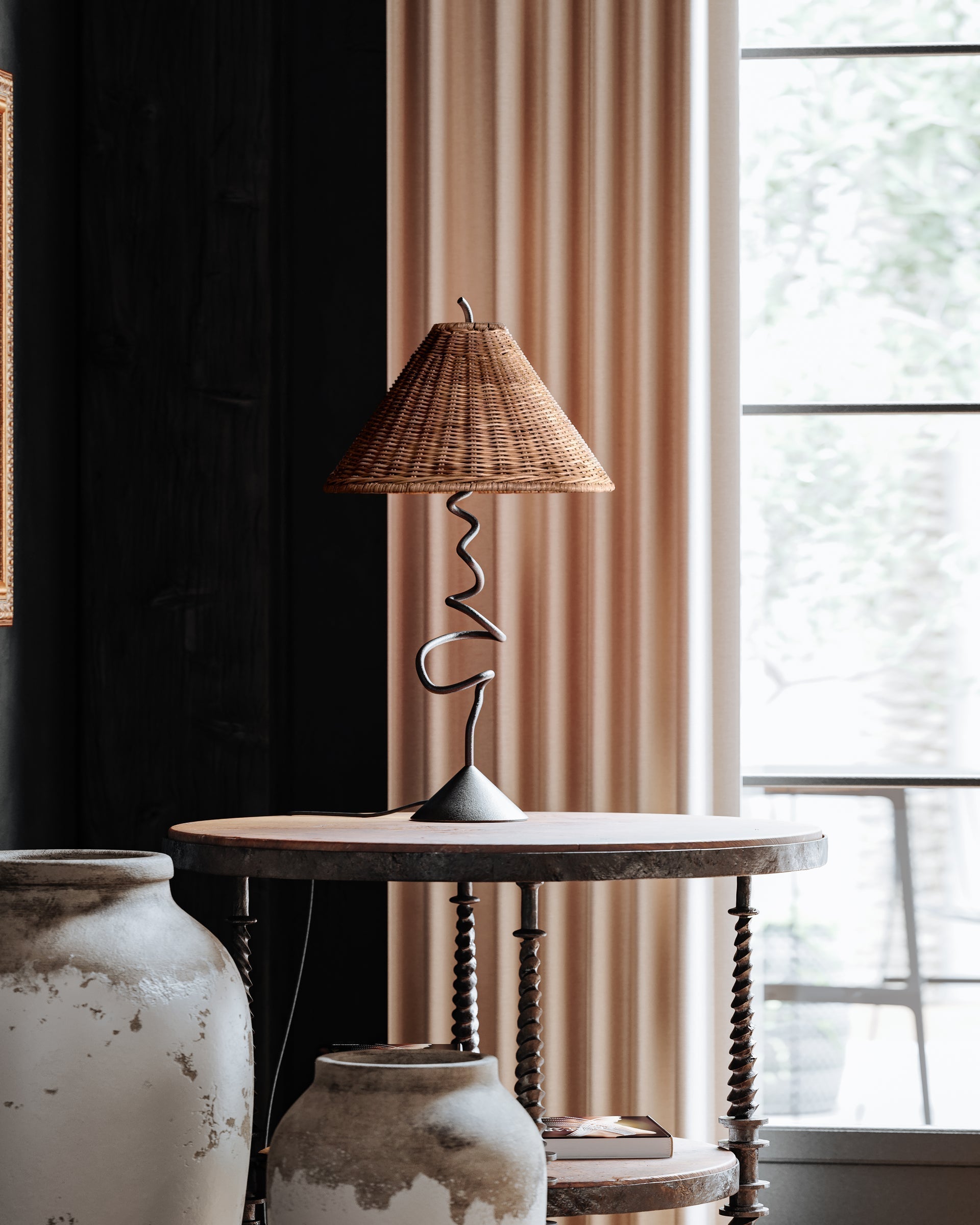 Alaric Table Lamp By Troy Lighting, Forged Iron Stem, Natural Rattan Shade, Dimmable, 120V