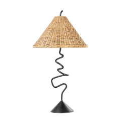 Alaric Table Lamp By Troy Lighting, Forged Iron Stem, Natural Rattan Shade, Dimmable, 120V