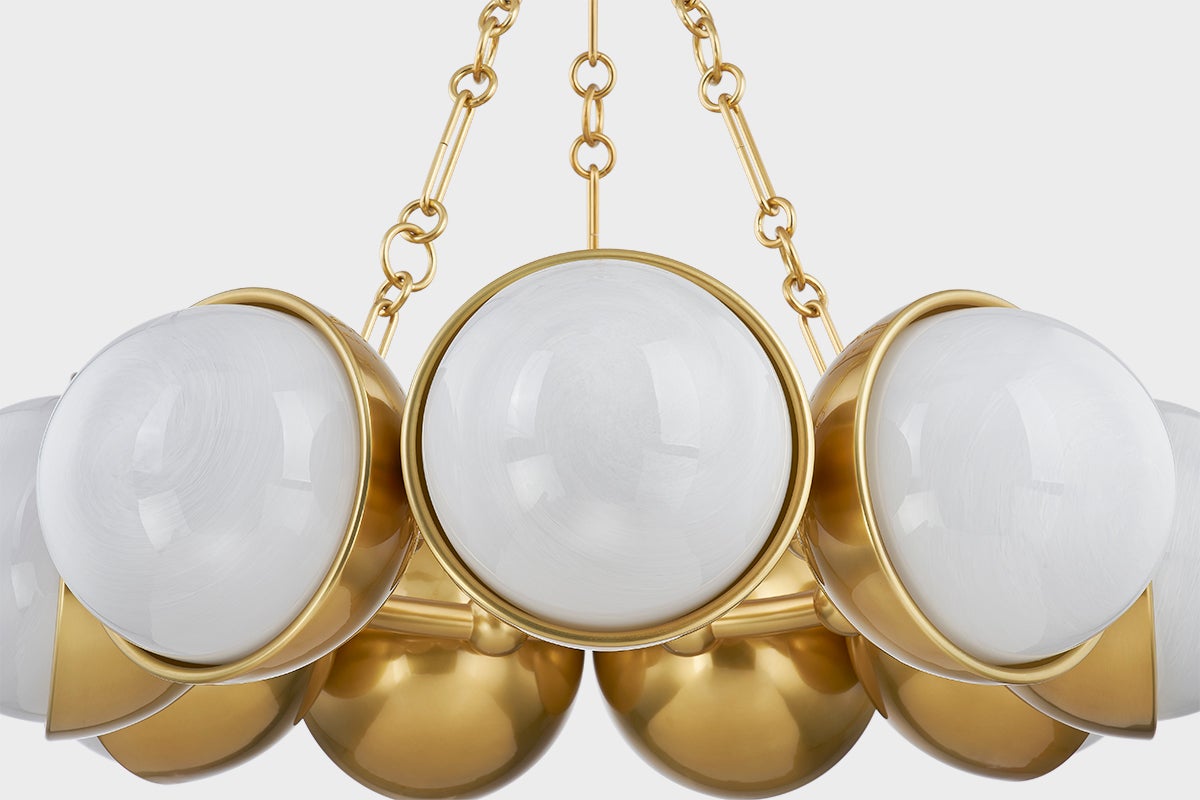Althea Chandelier 9-Light Fixture by Corbett Lighting with Vintage Polished Brass and Cloud Glass Globes