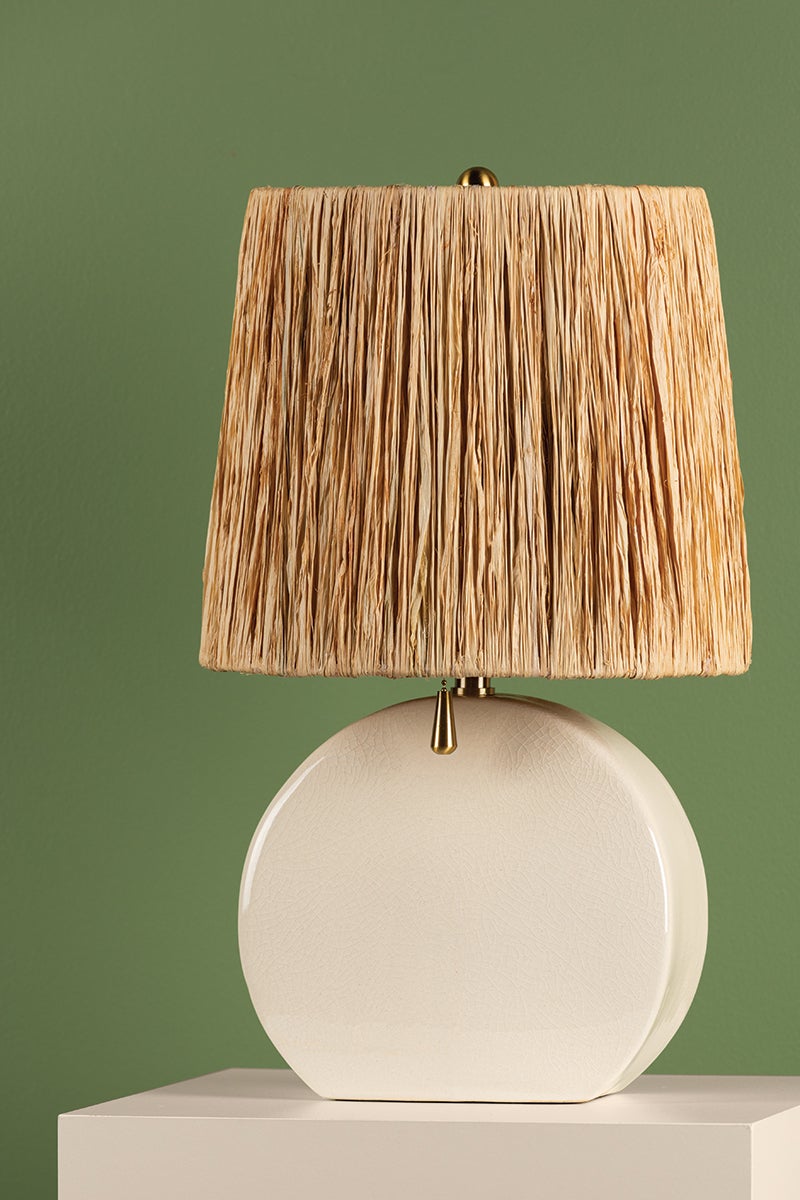 Mitzi Aneesa 21-Inch Table Lamp with Aged Brass Finish and Raffia Shade, Glossy Crackle Glaze