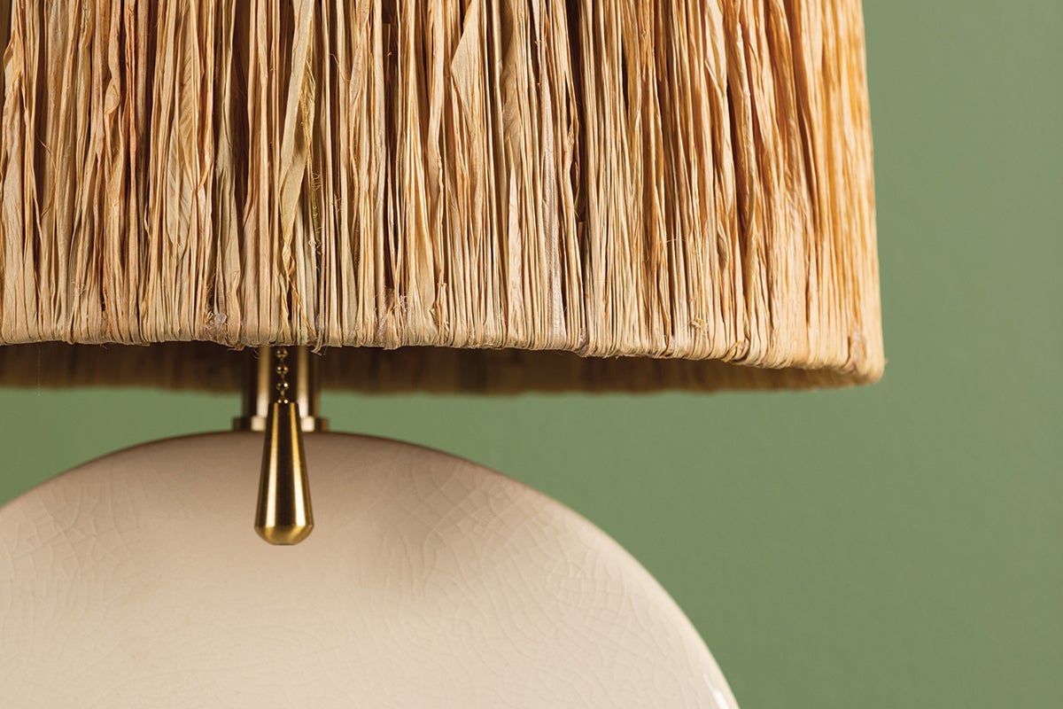 Mitzi Aneesa 21-Inch Table Lamp with Aged Brass Finish and Raffia Shade, Glossy Crackle Glaze