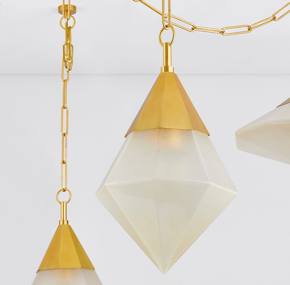Angelique 5-Light Chandelier by Corbett Lighting, Dimmable Hand-Blown Glass Pendants, Vintage Brass Finish