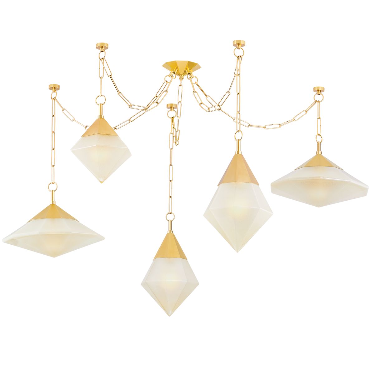 Angelique 5-Light Chandelier by Corbett Lighting, Dimmable Hand-Blown Glass Pendants, Vintage Brass Finish