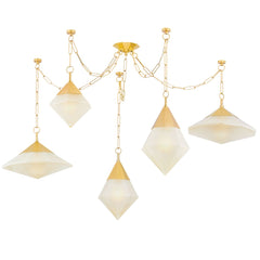 Angelique 5-Light Chandelier by Corbett Lighting, Dimmable Hand-Blown Glass Pendants, Vintage Brass Finish