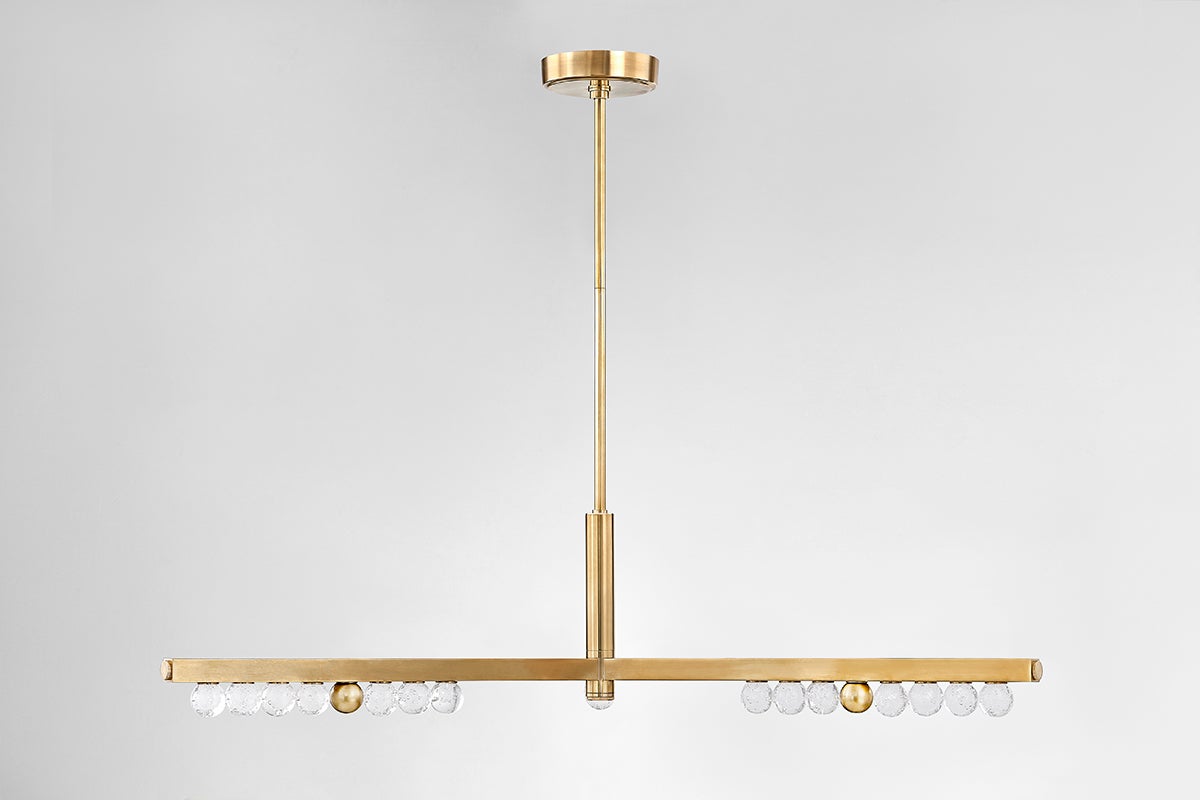 Annecy Linear Chandelier 382-51-VB by Corbett Lighting, Vintage Brass with Crystal Orbs, 550 Lumens