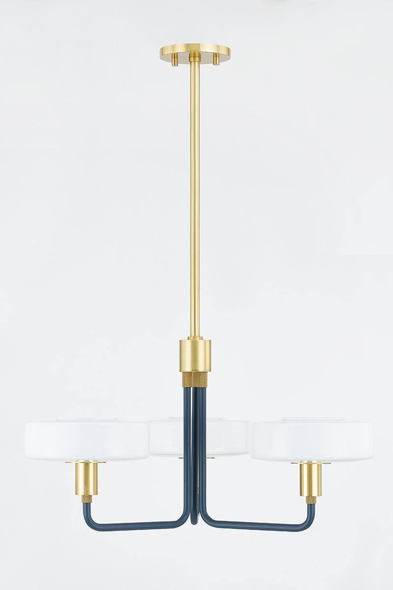 Aston 3-Light Chandelier by Mitzi in Aged Brass and Slate Blue, Dimmable, UL Damp Rated, 12.25"H x 24.25"W