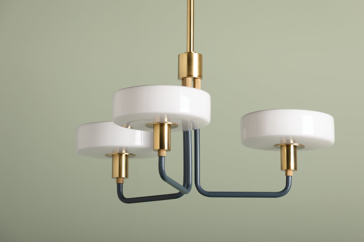 Aston 3-Light Chandelier by Mitzi in Aged Brass and Slate Blue, Dimmable, UL Damp Rated, 12.25"H x 24.25"W